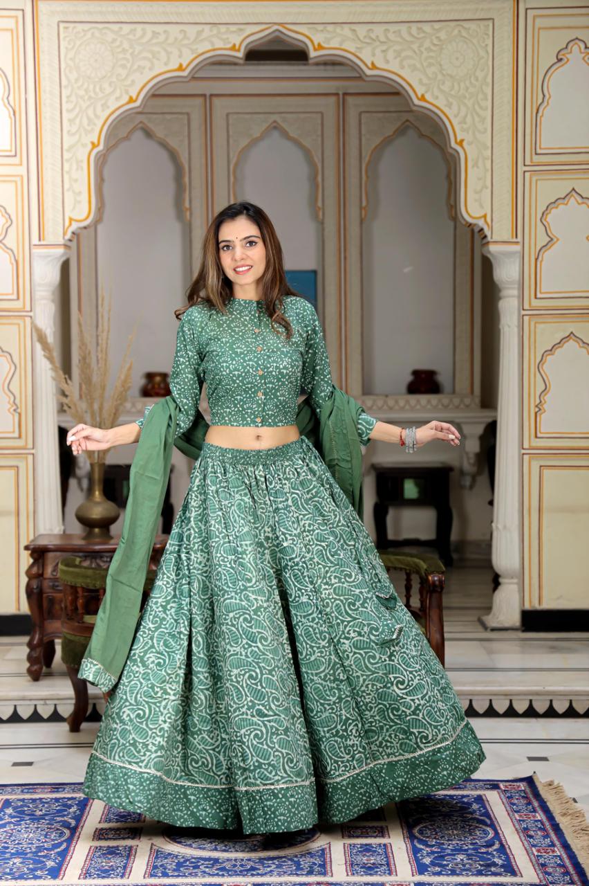 Forest green Mul Cotton Lehenga Set