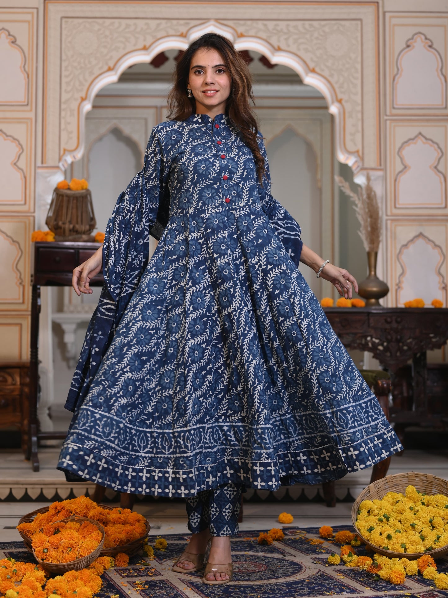 Indigo Ajrakh Mul Cotton Anarkali Suits