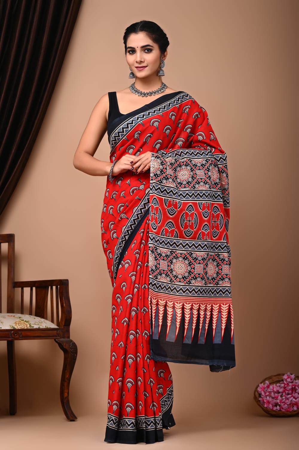 Quirky Red Mul Mul Cotton saree