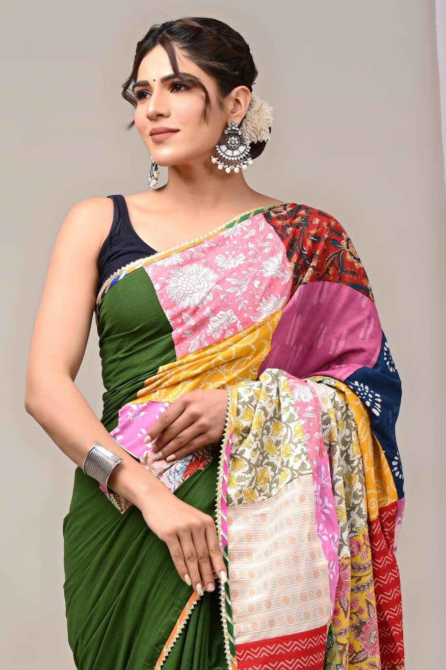 Olive Playful Mul Mul Cotton Sarees