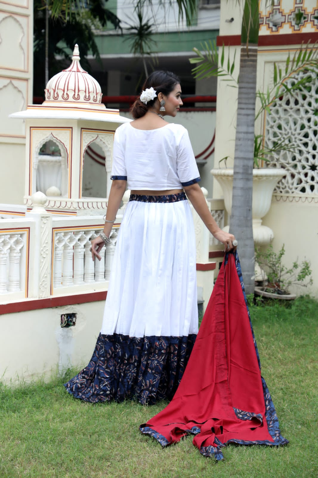 Mul Cotton Lehenga Set in white and blue combo