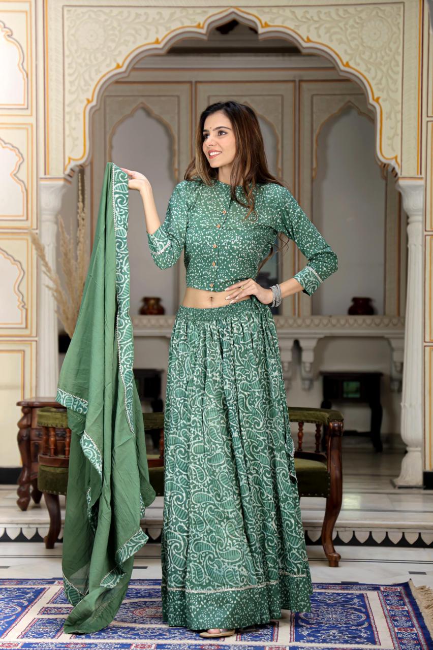 Forest green Mul Cotton Lehenga Set