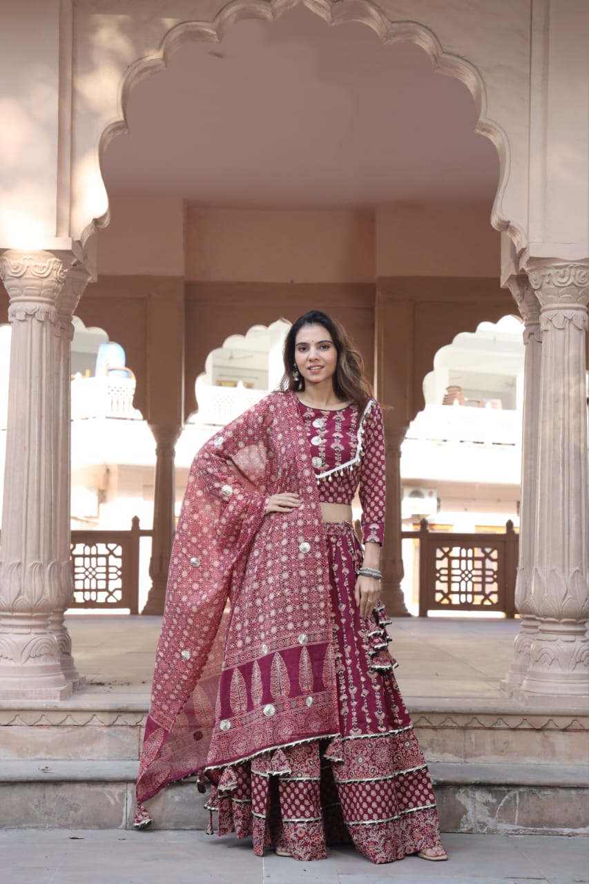 Burgundy Mul Cotton Lehenga Set with Block prints