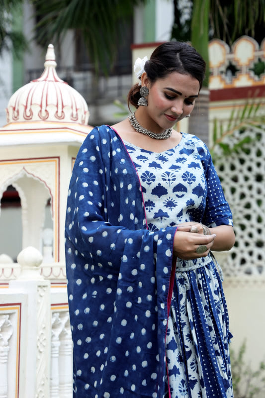 Natural Indigo block printed Mul Cotton Lehenga Set