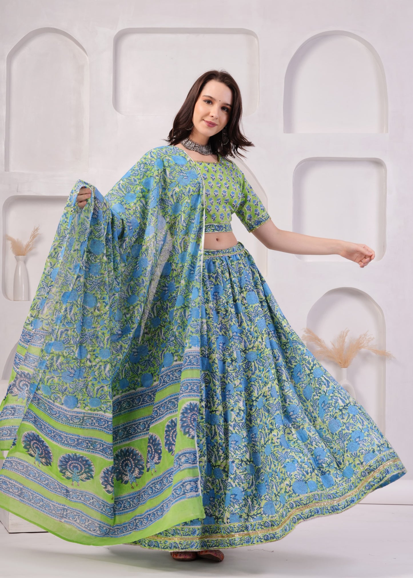 Hydrangea green Mul Cotton Lehenga Set