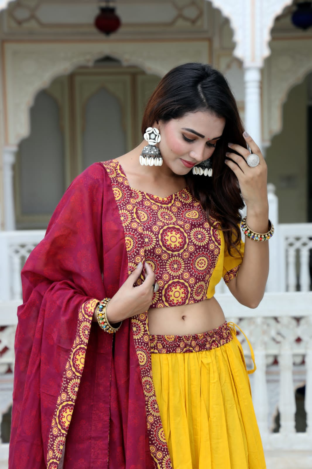 Yellow Red Mul Cotton Lehenga Set