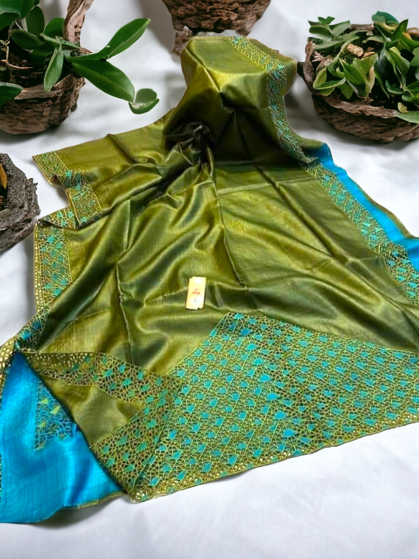 Pure Tussar Silk Embroidered Abstract Cutwork Sarees