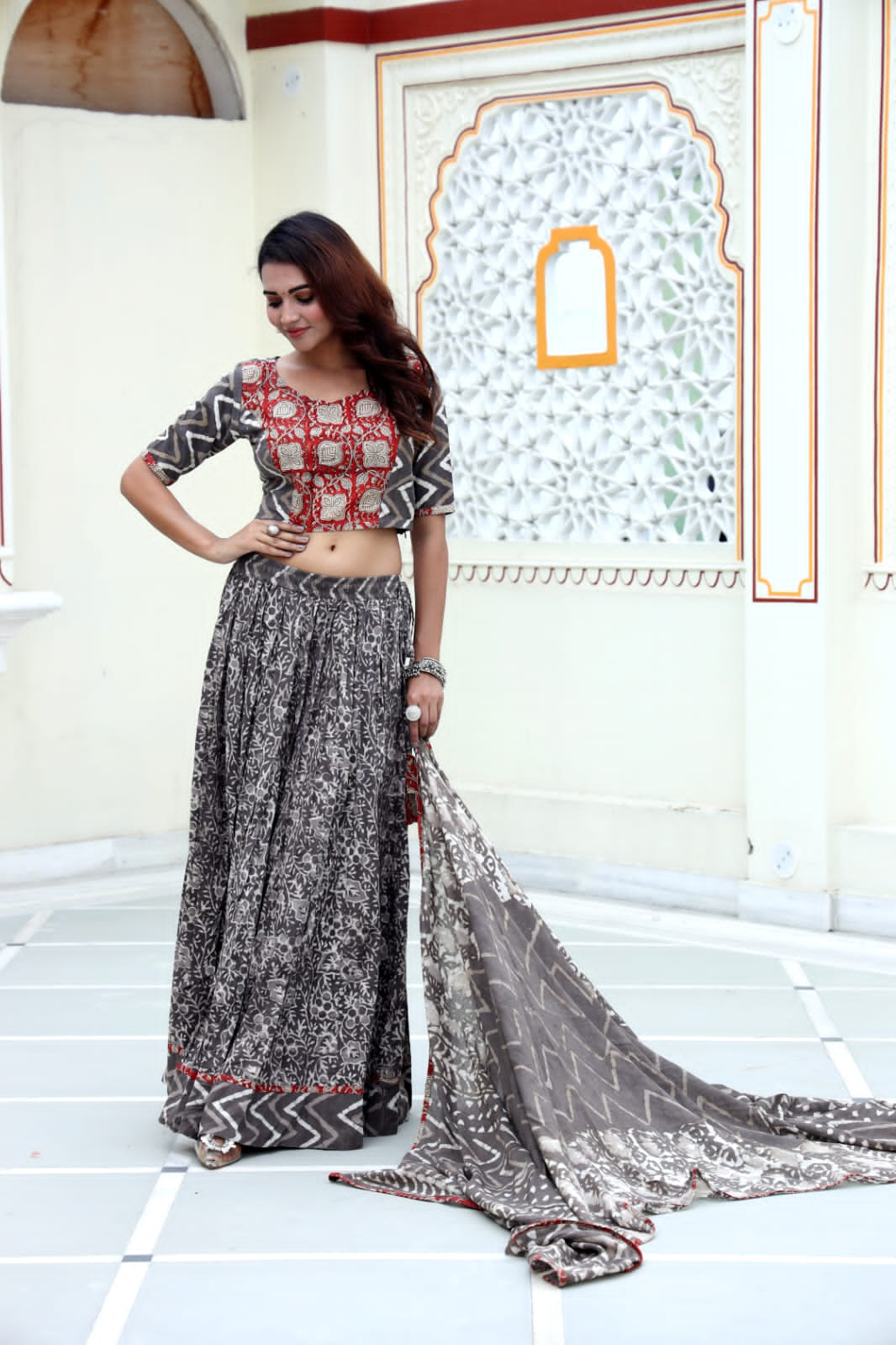 Grey block printed Mul Cotton Lehenga Set