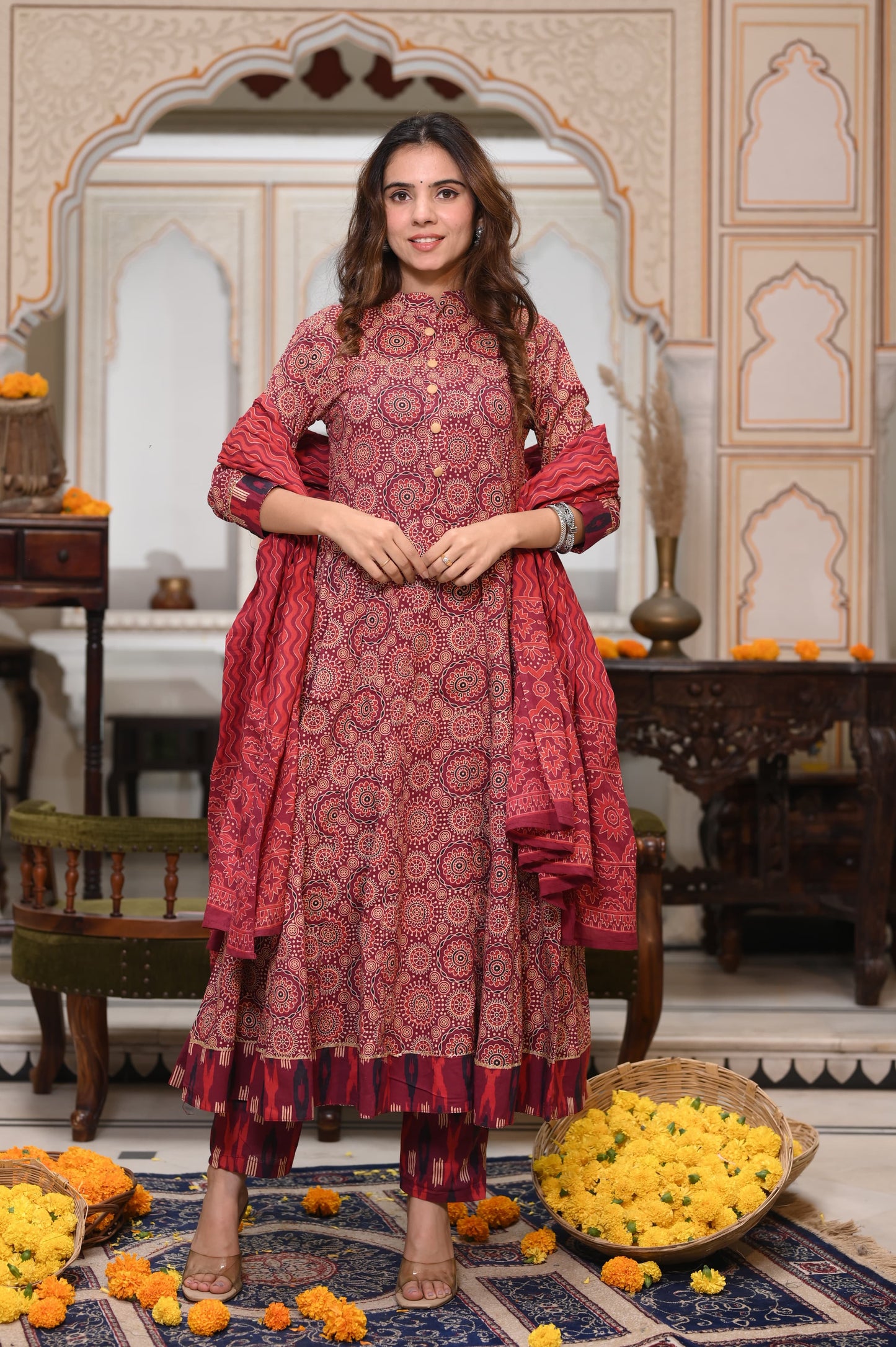 Brick red Ajrakh Mul Cotton Anarkali Suits