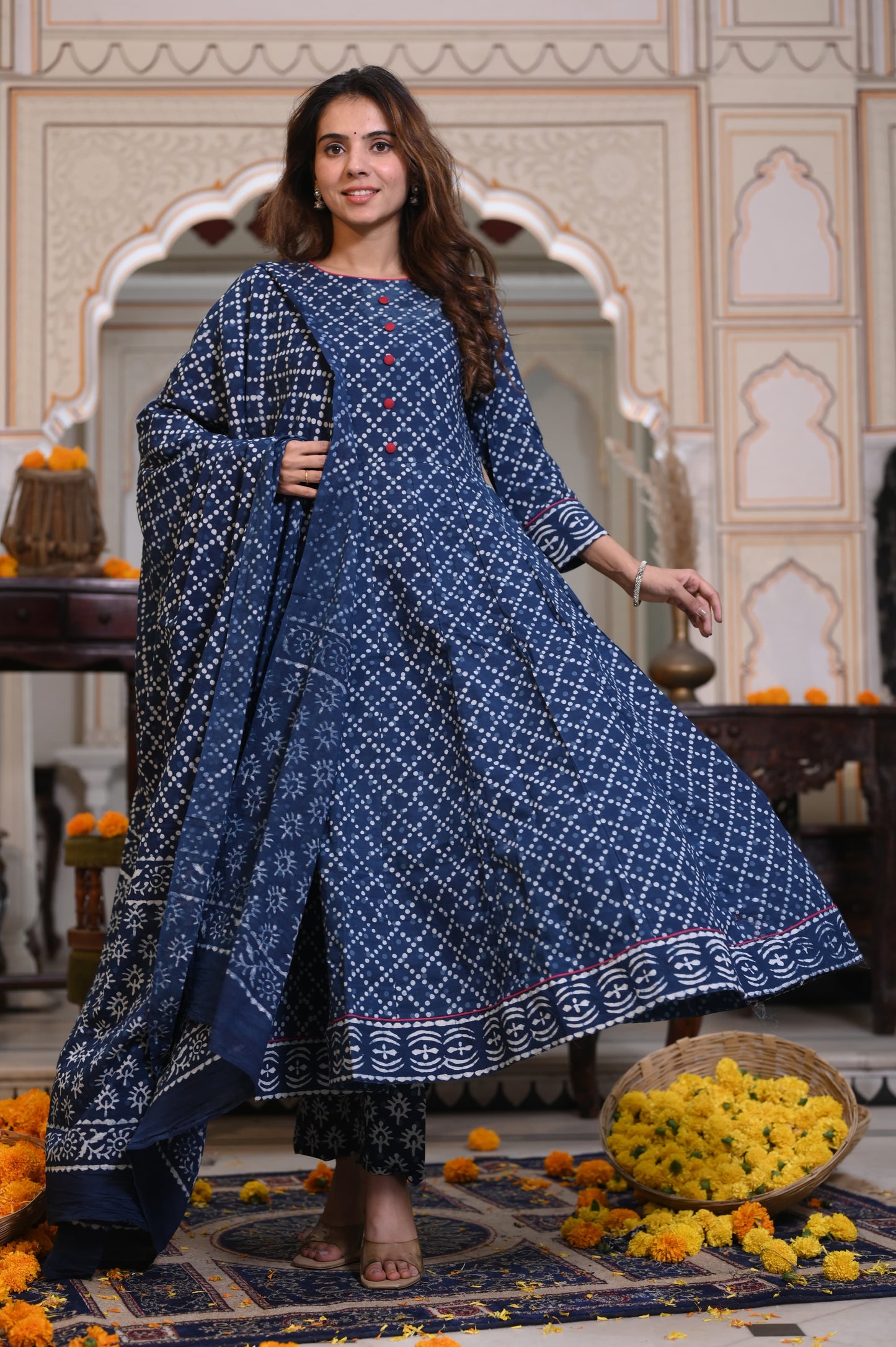 Indigo Ajrakh Mul Cotton Anarkali Suits