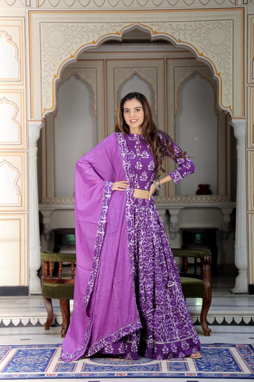 Floral Mul Cotton Lehenga Set in purple