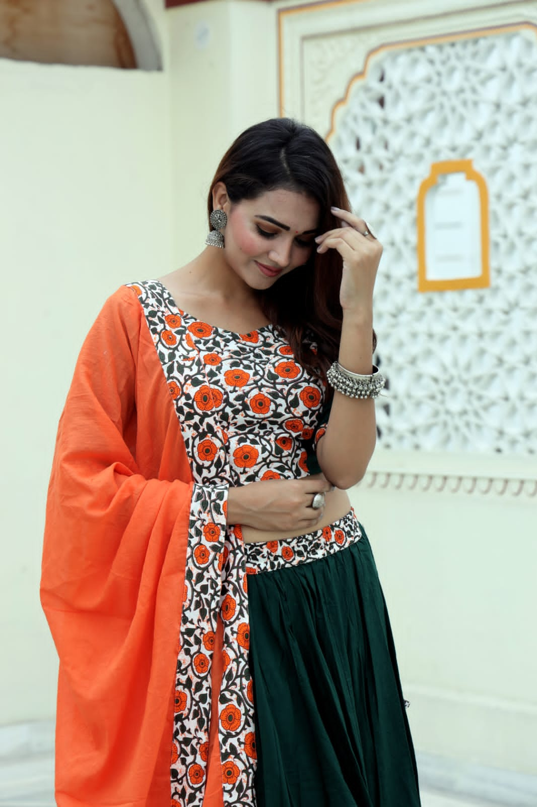 Mul Cotton Lehenga Set in Green Orange combo