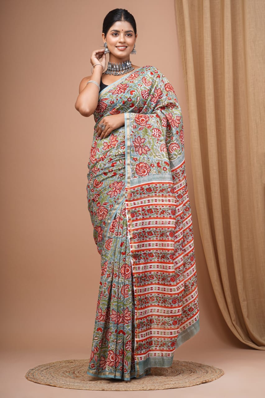 Floral bright block printed Chanderi Silk saree