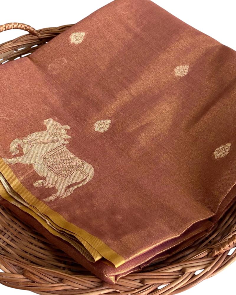 Copper Gold Tissue Silk saree Pichwai Weave, Metallic Tissue Silk saree, Copper saree. COPPER GOLD SILK SAREE