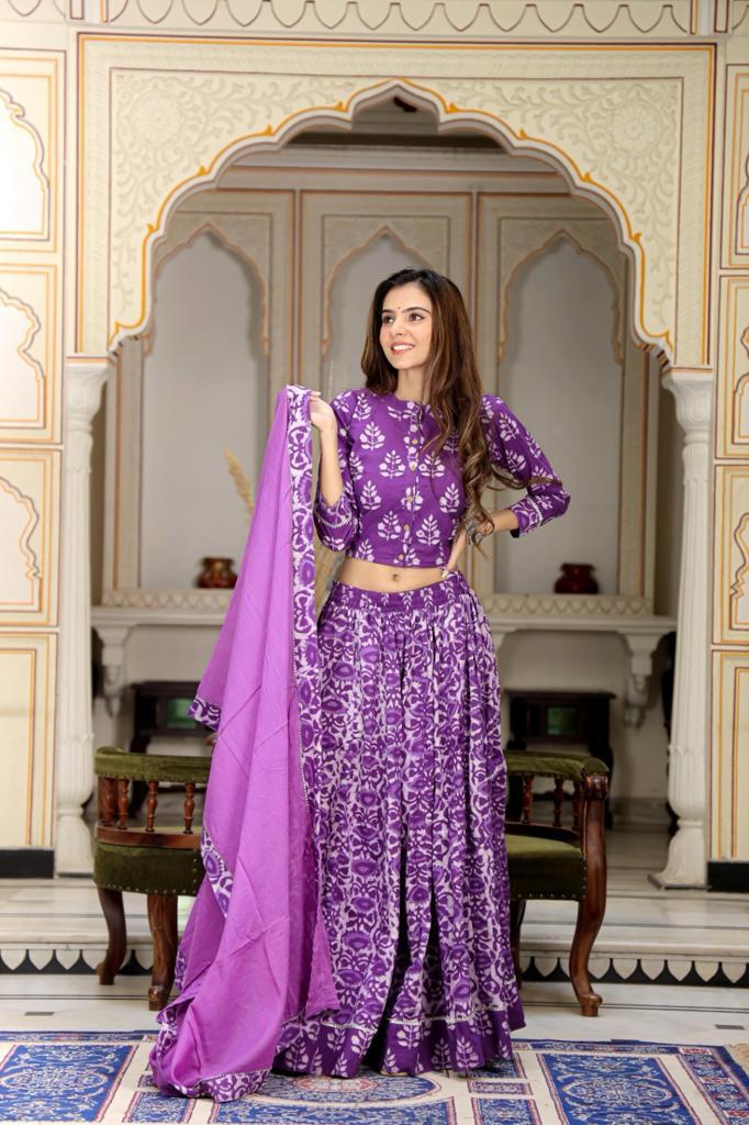 Floral Mul Cotton Lehenga Set in purple