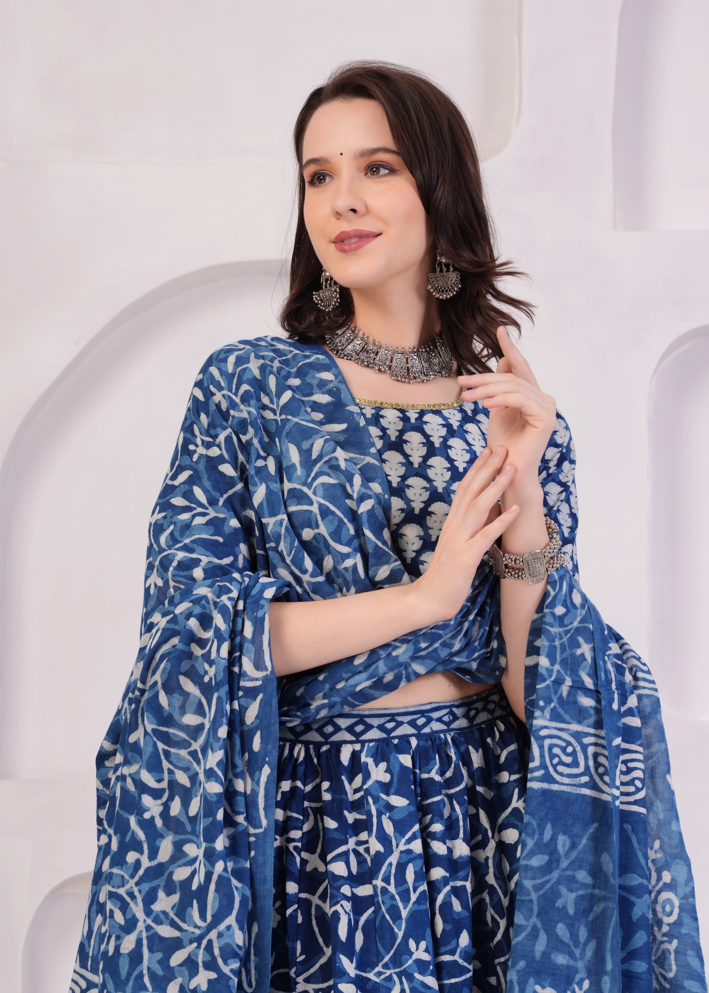 Indigo block printed Mul Cotton Lehenga Set