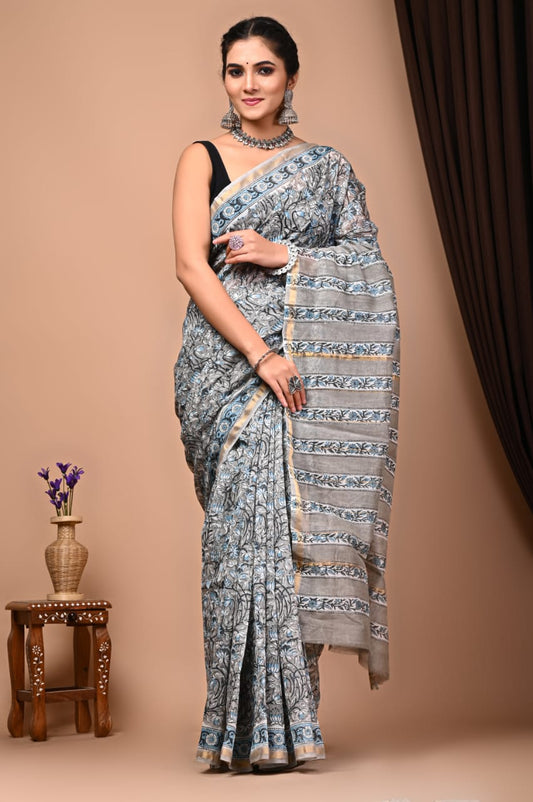 Neel kamal block printed Chanderi Silk saree