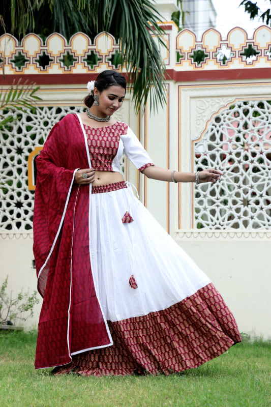 Mul Cotton Lehenga Set in Red and white combo