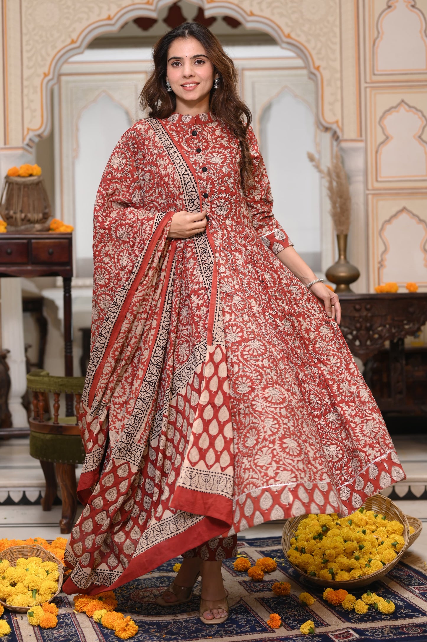 Brick red Ajrakh Mul Cotton Anarkali Suits