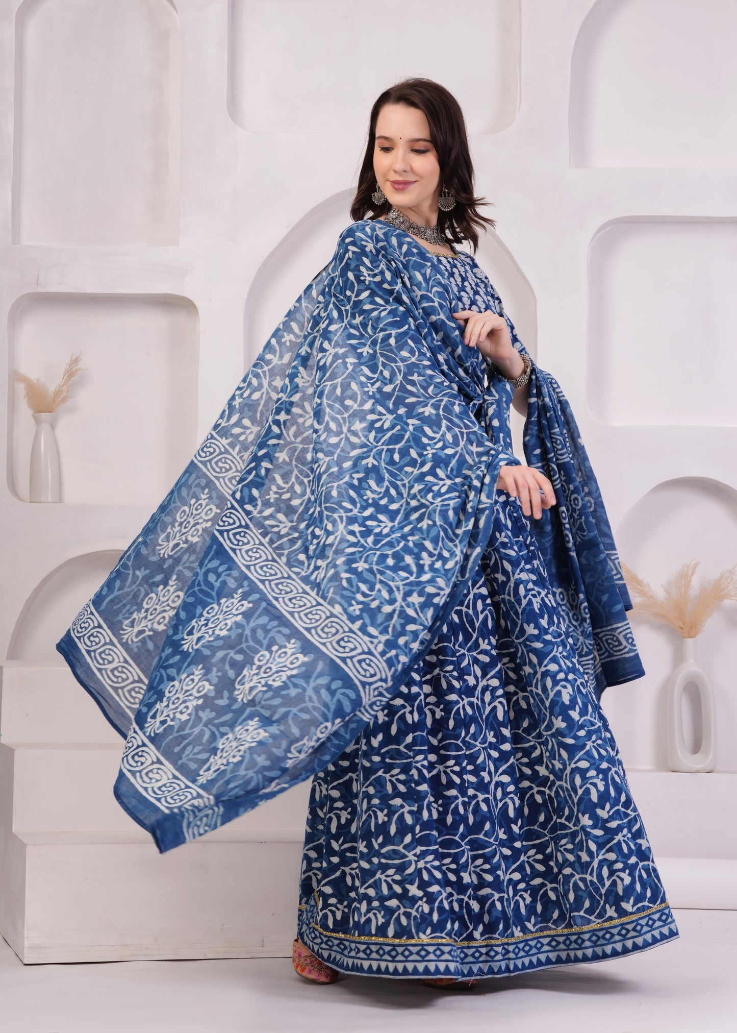 Indigo block printed Mul Cotton Lehenga Set