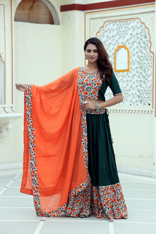 Mul Cotton Lehenga Set in Green Orange combo