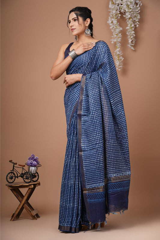 Indigo dots Cotton Silk saree