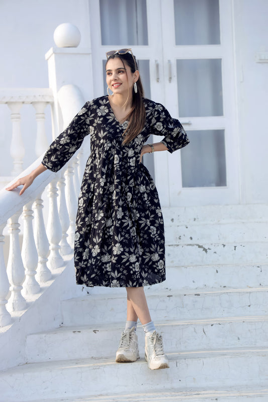 Black gathered Dress floral