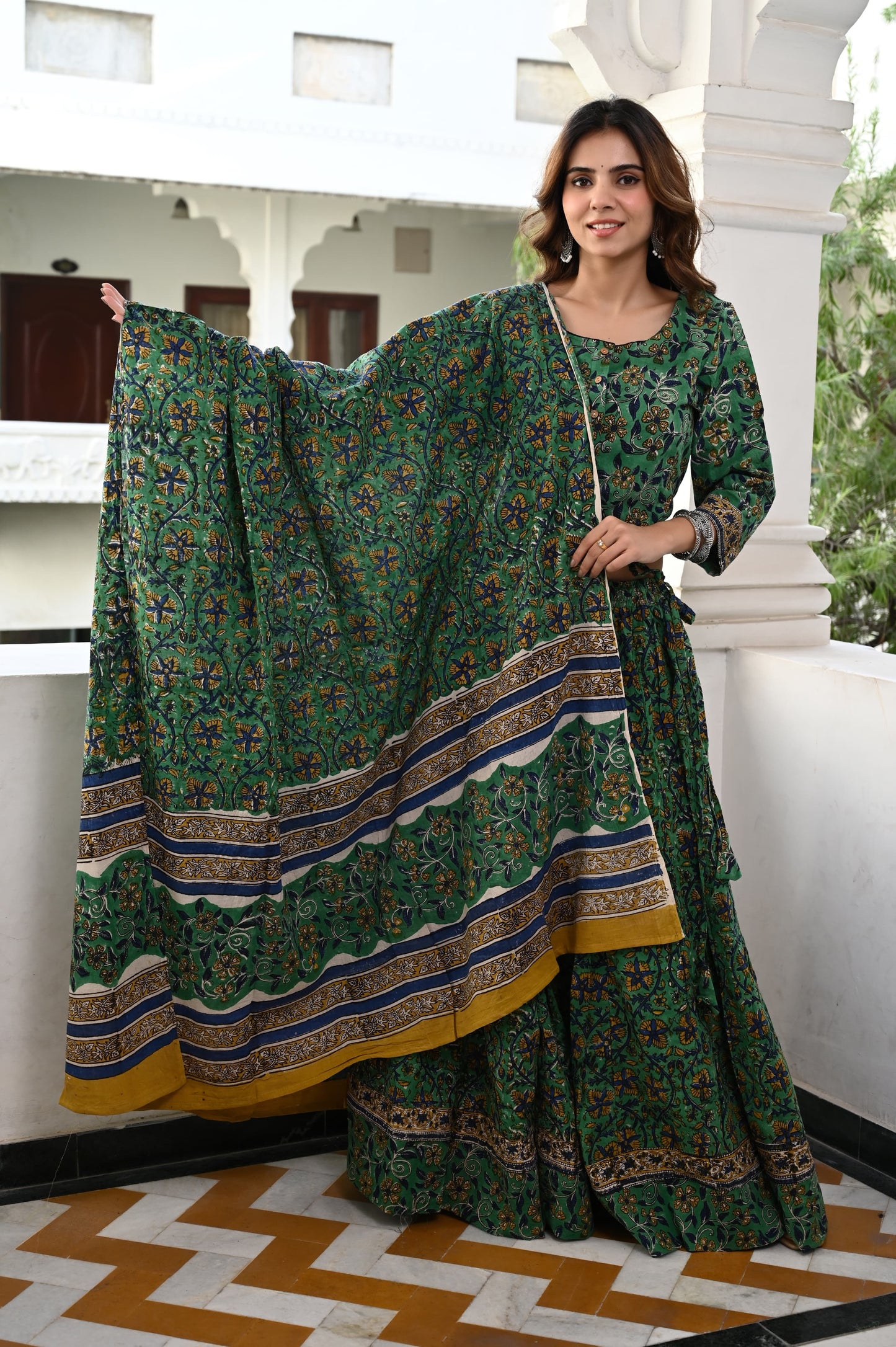 Green Mul cotton Lehenga set