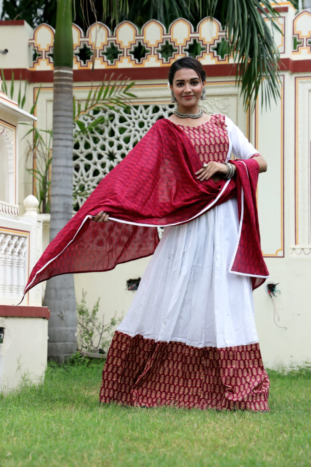 Mul Cotton Lehenga Set in Red and white combo