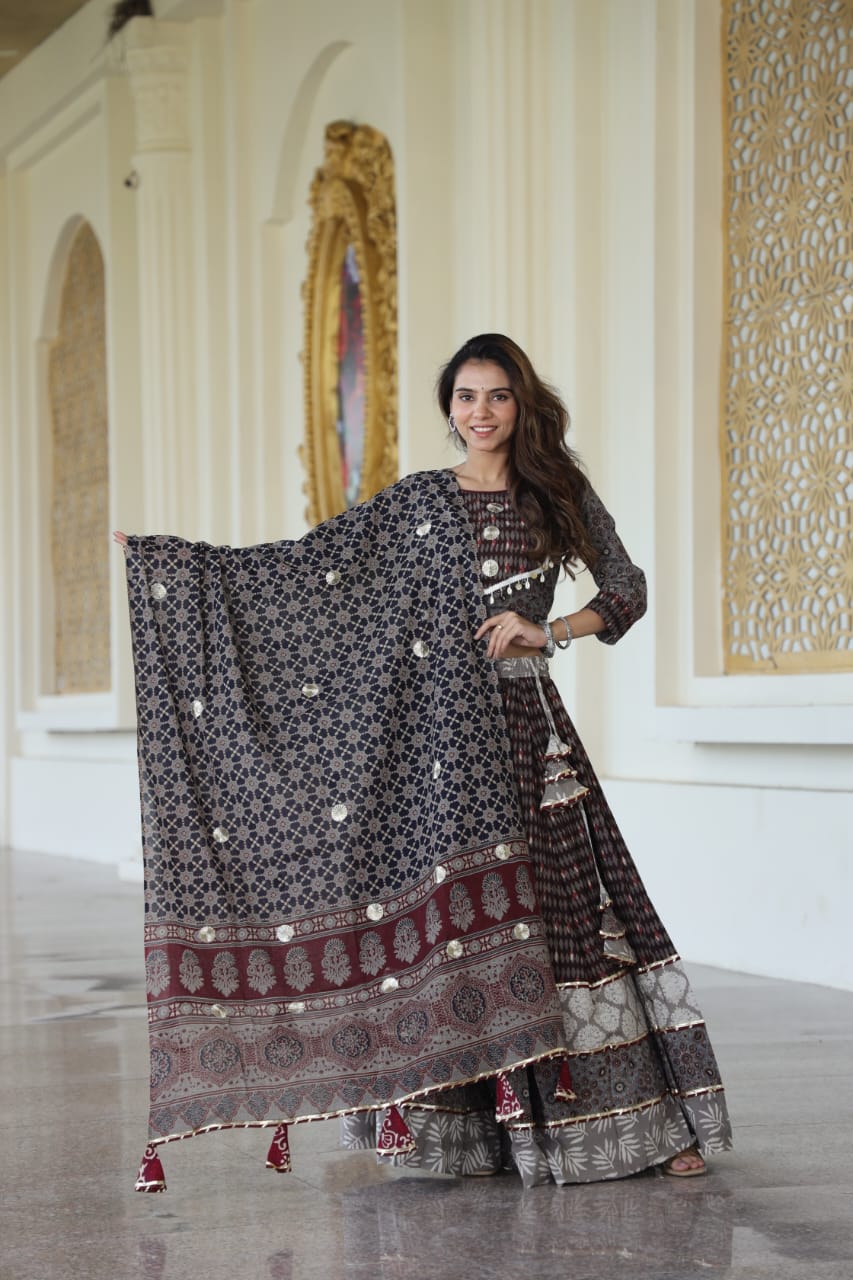 Neutral Shade Mul Cotton Lehenga Set with Block prints