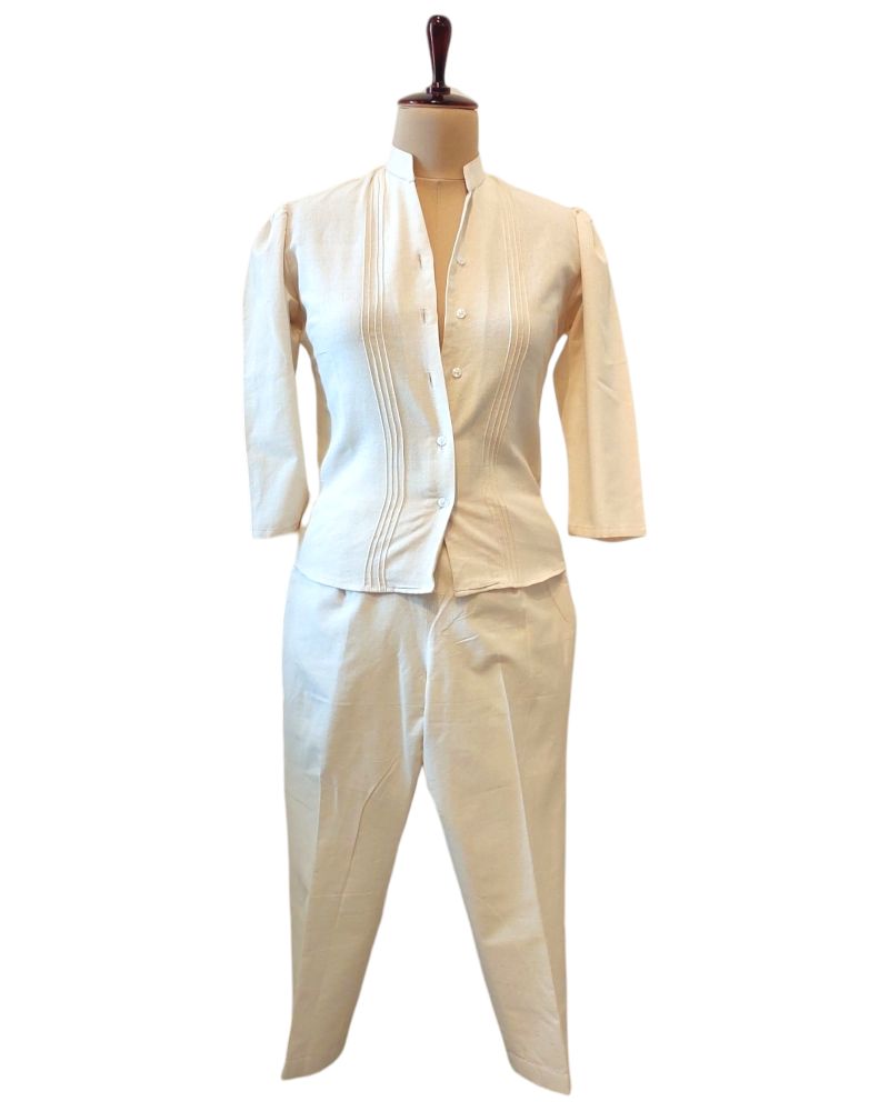 Off White Organic Cotton Puffed Sleeves Shirt and Pant Co-ord Set for Women