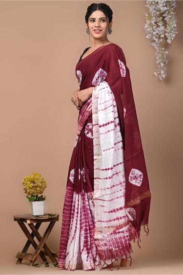 Shibori Maroon white Cotton Silk saree