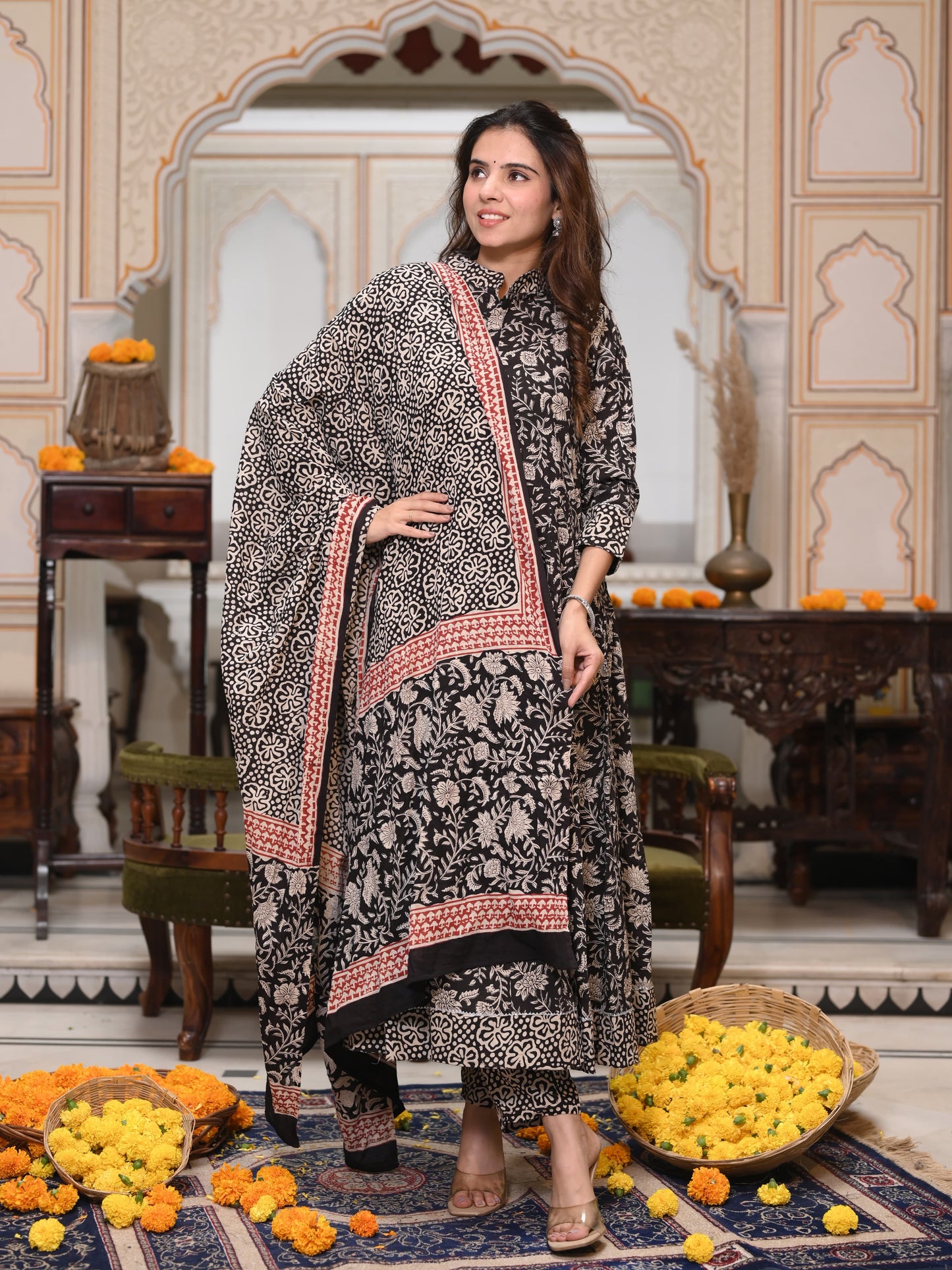 Black Ajrakh Mul Cotton Anarkali Suits