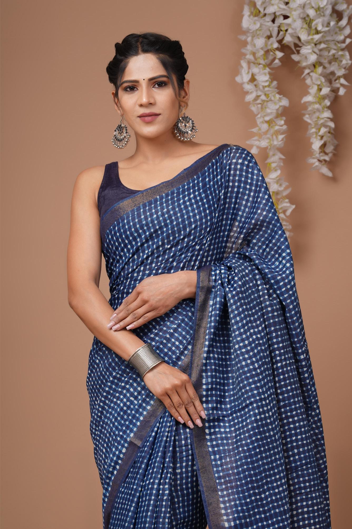 Indigo dots Cotton Silk saree