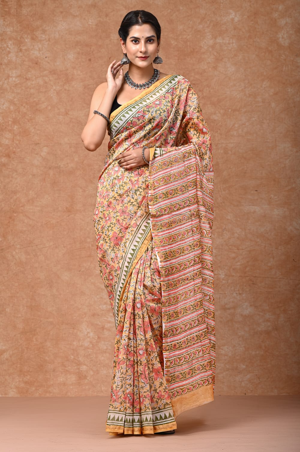 Floral bright block printed Chanderi Silk saree