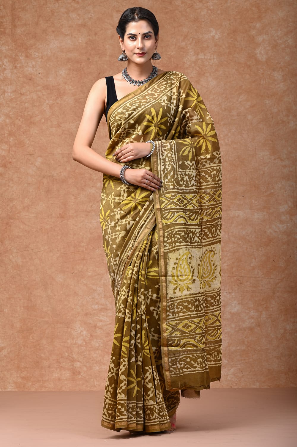 Floral bright block printed Chanderi Silk saree