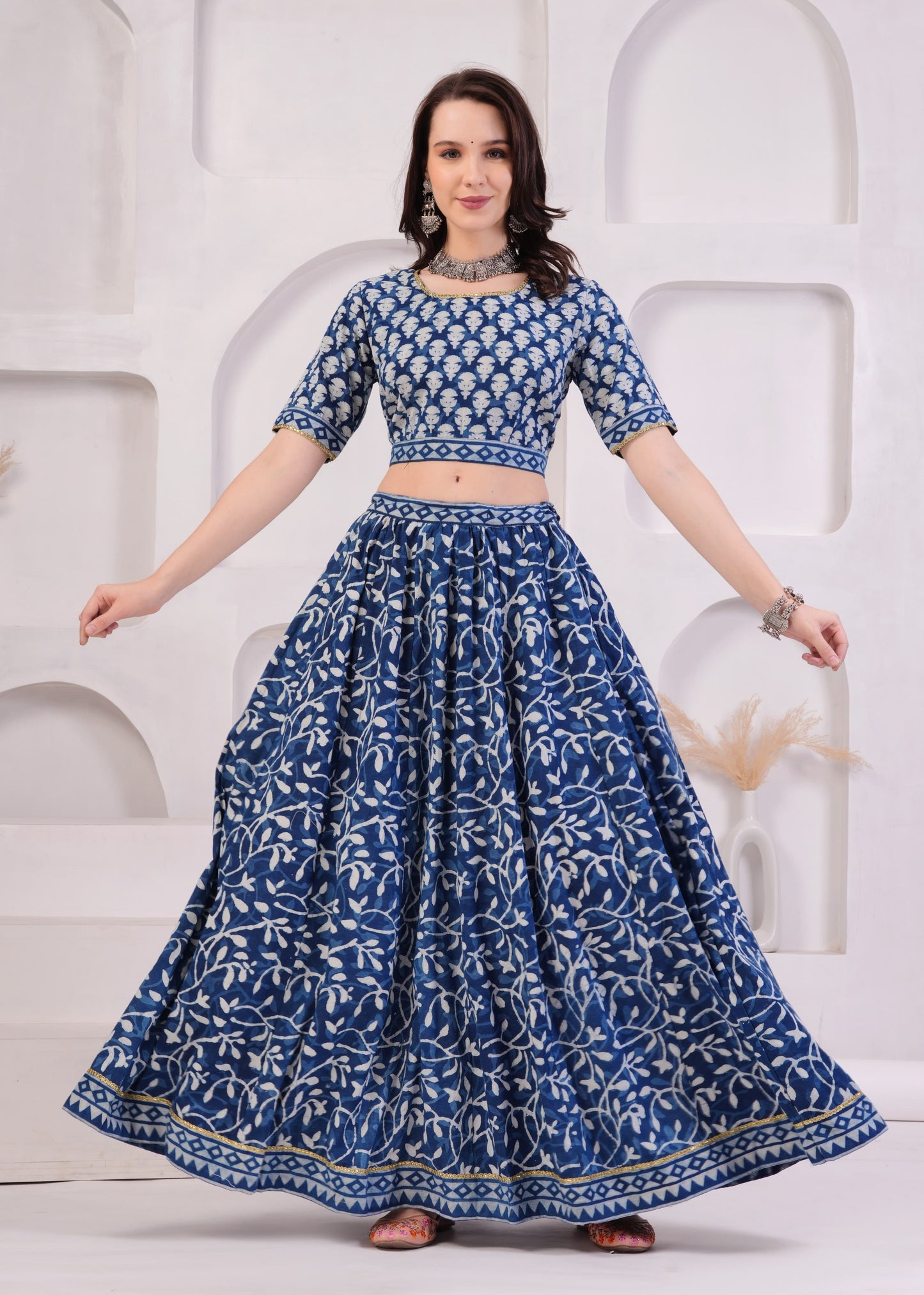 Indigo block printed Mul Cotton Lehenga Set