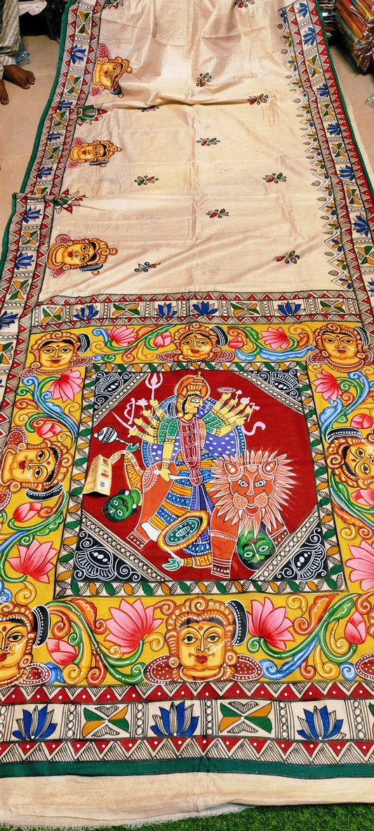 Durga Mural Hand painted Tussar Silk saree