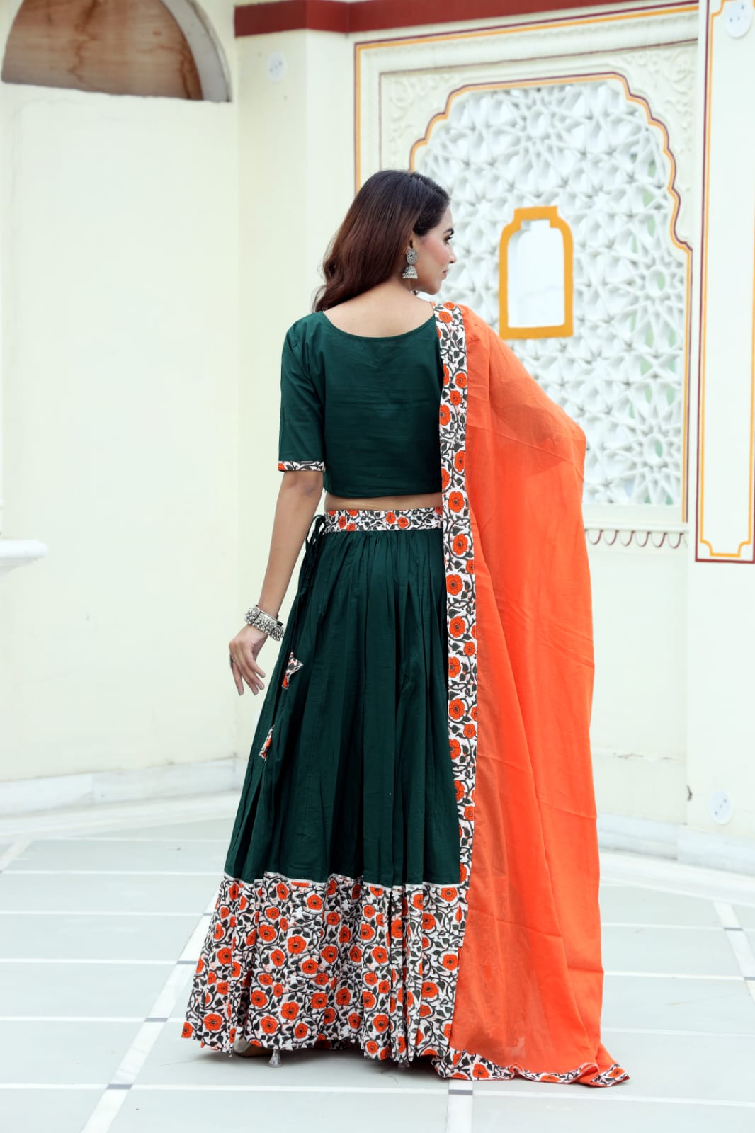 Mul Cotton Lehenga Set in Green Orange combo