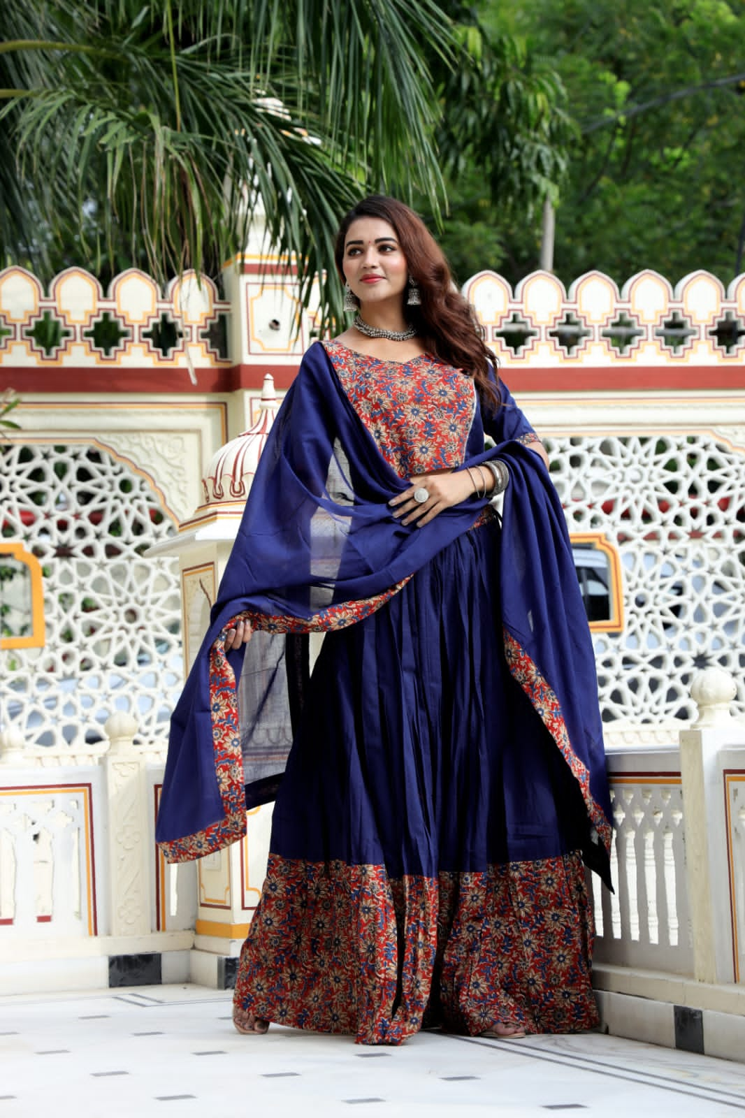 Dark Blue block printed Mul Cotton Lehenga Set