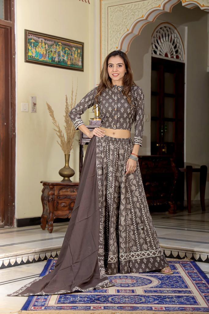 Mocha Brown Mul Cotton Lehenga Set