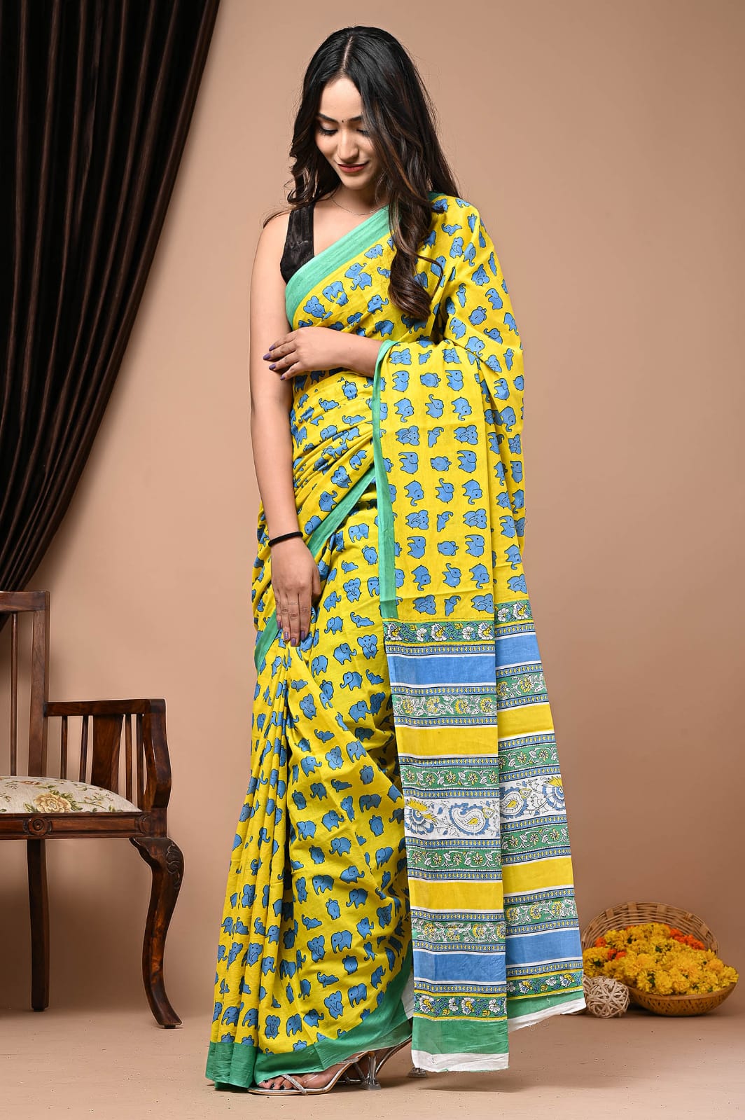 Quirky elephant Mul Mul Cotton saree