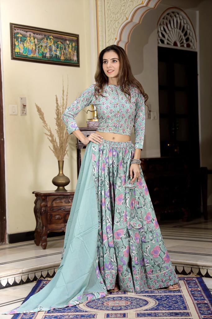 Sage Green Mul Cotton Lehenga Set