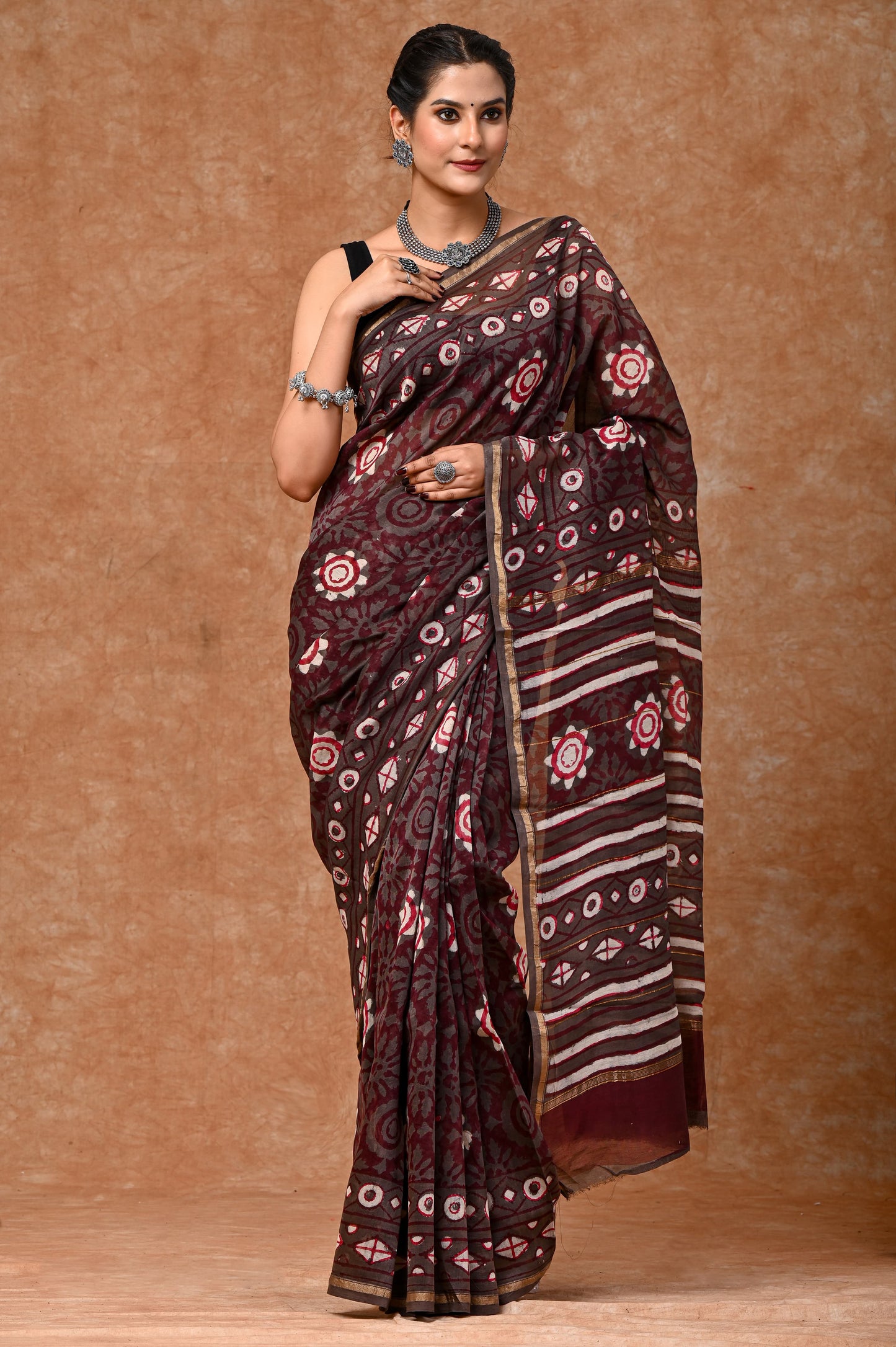 Floral bright block printed Chanderi Silk saree