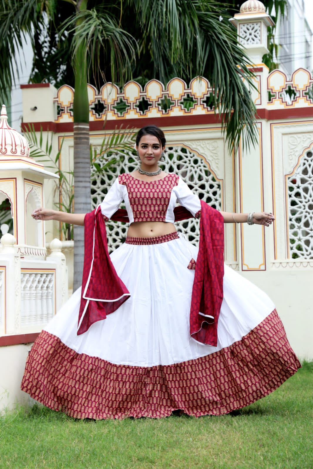 Mul Cotton Lehenga Set in Red and white combo