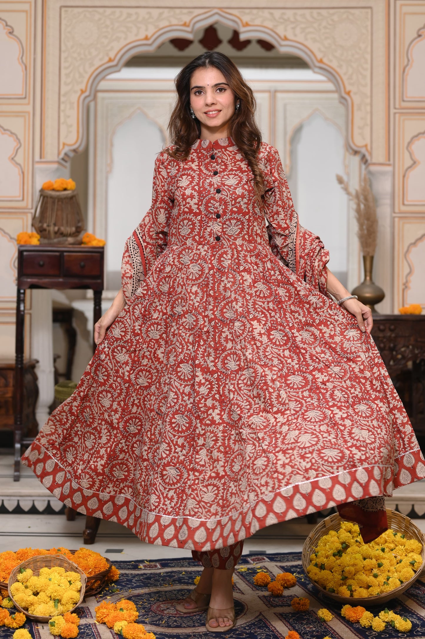 Brick red Ajrakh Mul Cotton Anarkali Suits