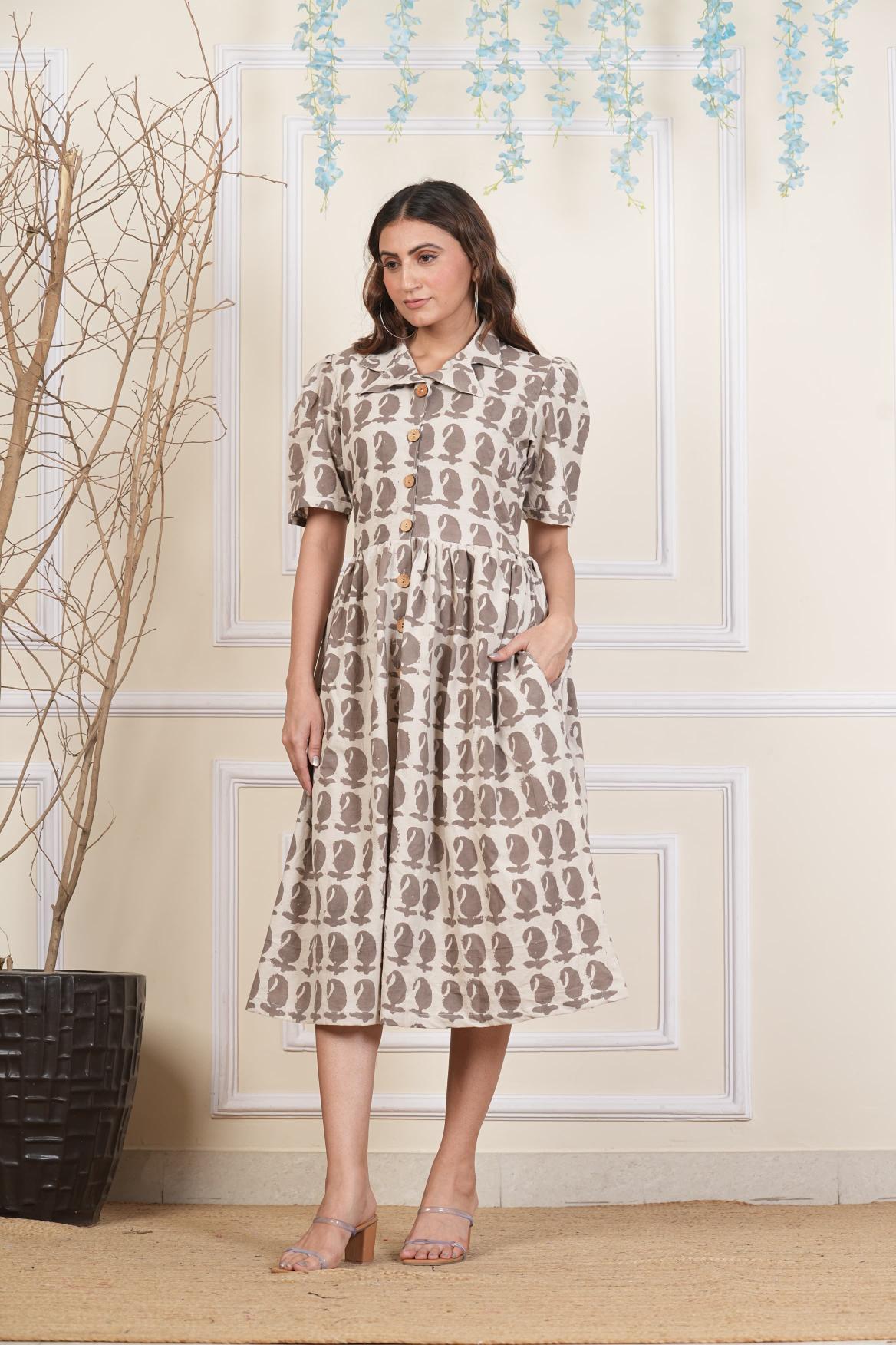 Beige Paisley Cotton dress,Feather prints, Pure cotton Dress, sustainable dresses, Hand loom dresses, Indigo dresses, Block printed Dress, Monson Dresses, Gerua dress, , feather printed Dress, Puffed sleeve dress, Matte Red cotton dress, Orange dress, Pocket dress, One piece Dress,  Cotton Dress,  Collar dress,, Summer dress, , Kalamkari Dress