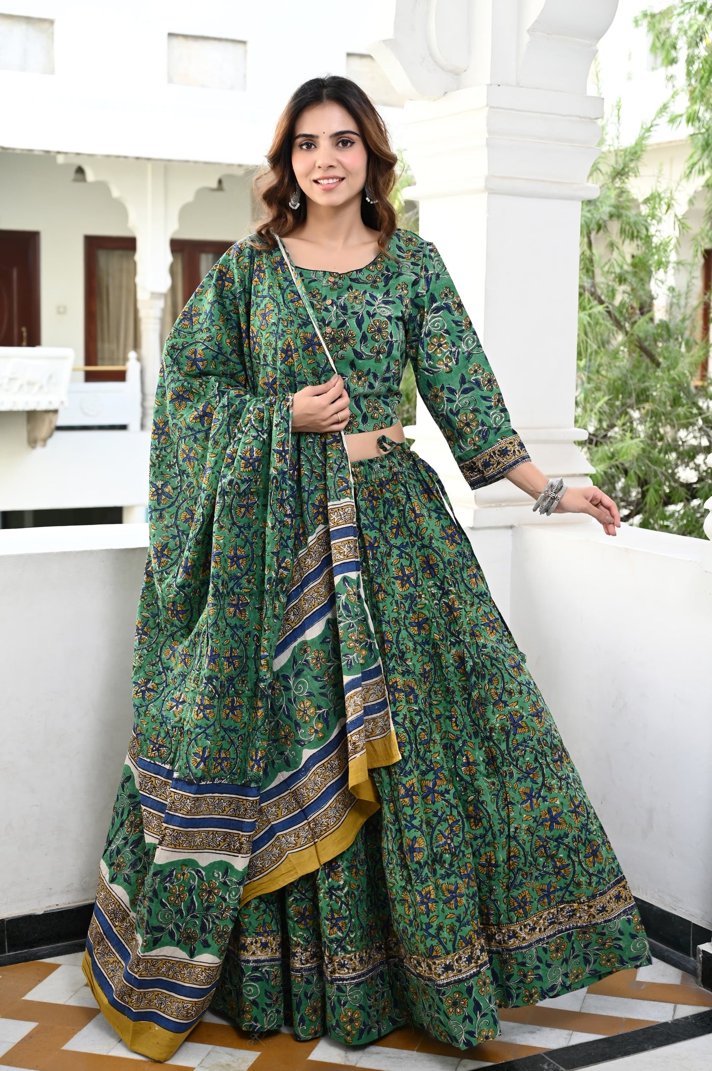 Green Mul cotton Lehenga set