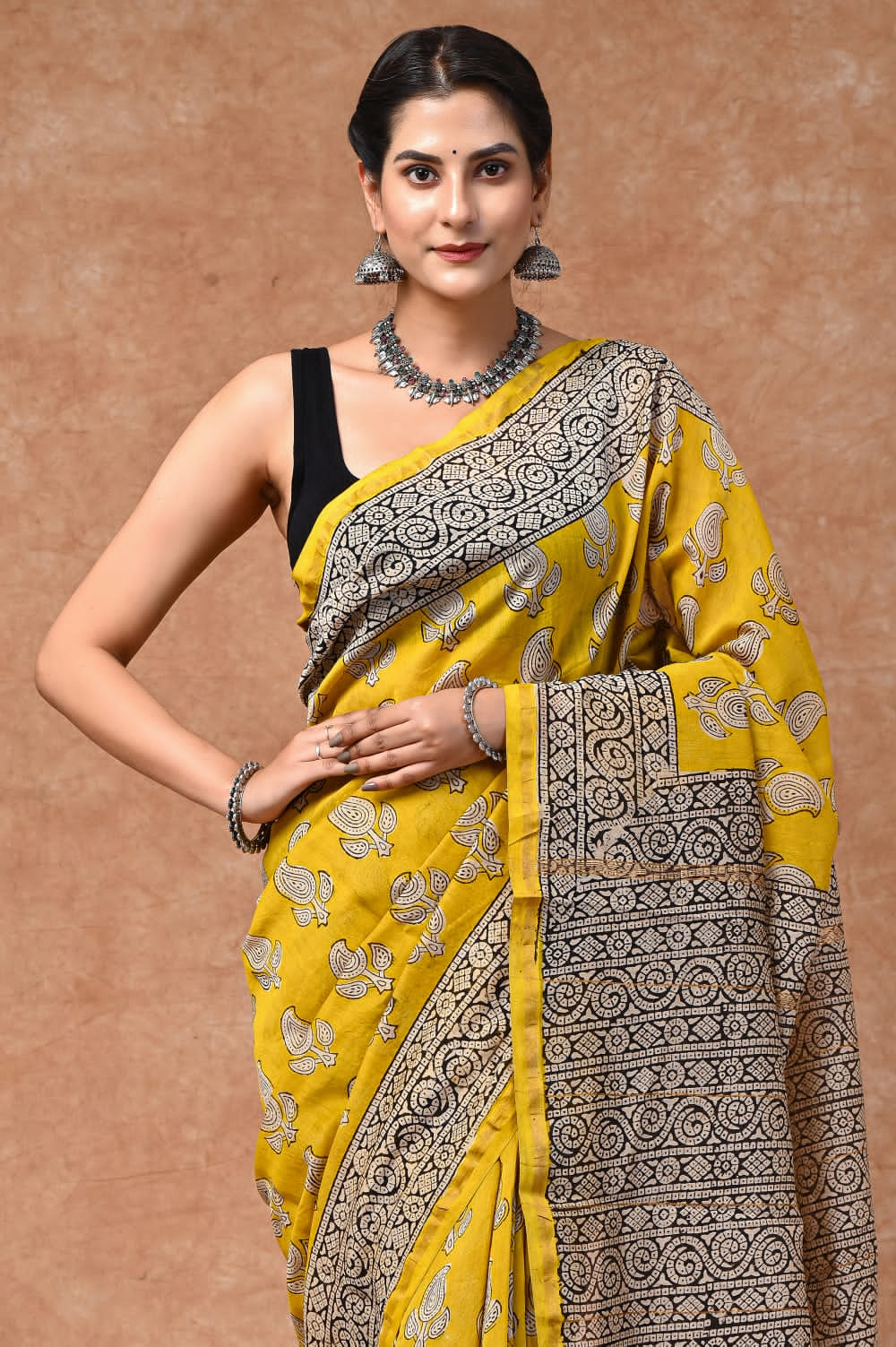 Floral bright block printed Chanderi Silk saree