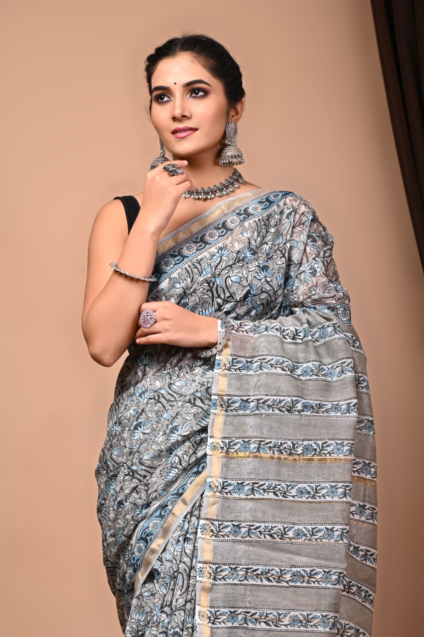 Neel kamal block printed Chanderi Silk saree